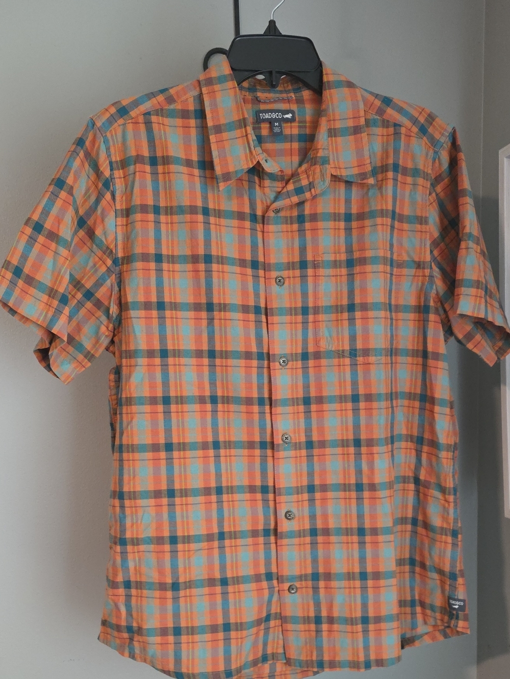 Toad&Co Organic Cotton Orange and Teal Plaid Short-Sleeve Shirt Size M